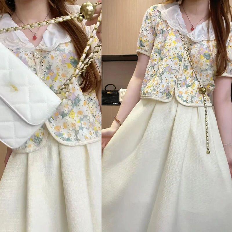 Completo Top Floreale Ricamato e Gonna Pieghettata Modello Lungo Outfit Fresco e Dolce con Gonna Pieghettata