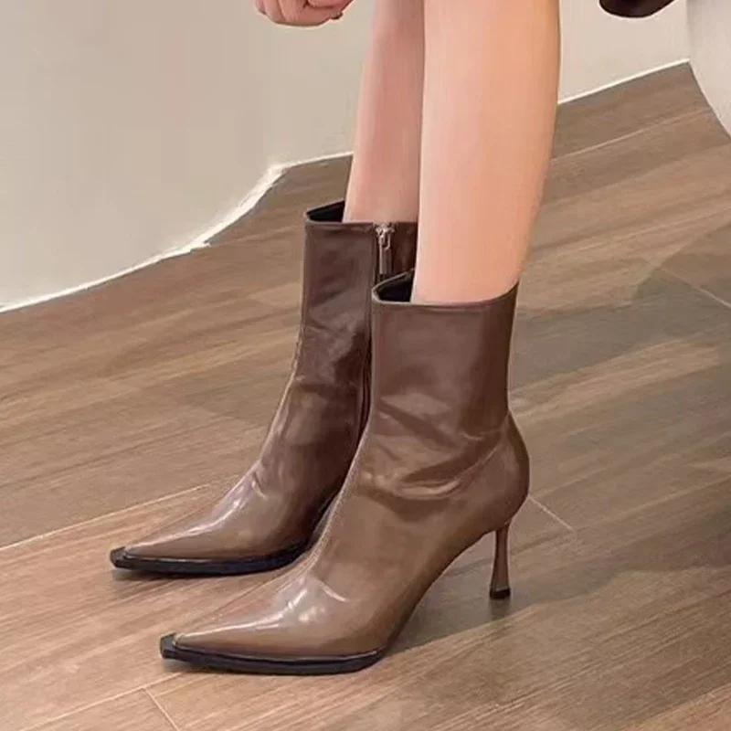 High Heels Women Ankle Boots Pointed Toe Leather Shoes Elegant Woman 2025 Trend Chelsea Boots Brand Pumps Winter Botas De Mujer