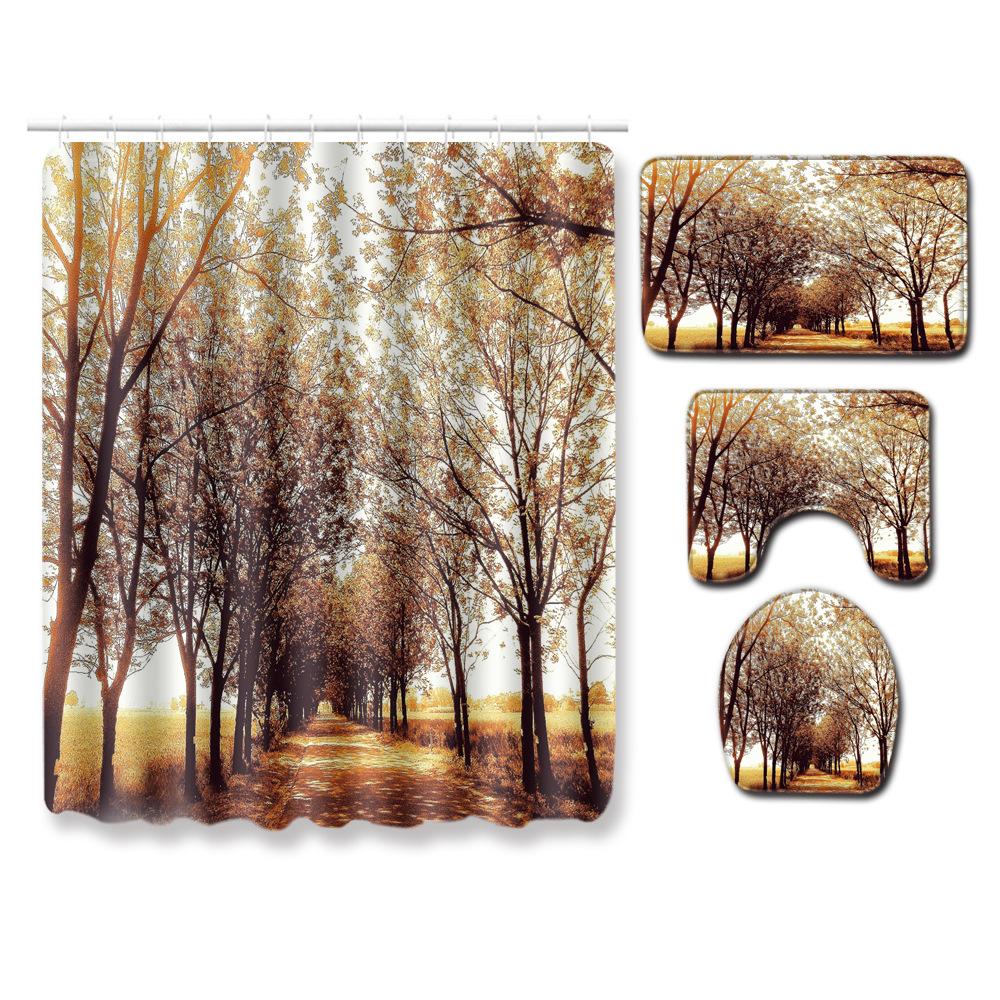 Landscape Shower Curtain Floor Mat Combination Four-Piece Set Bathroom Toilet Carpet Shower Room Mat Foot Mat