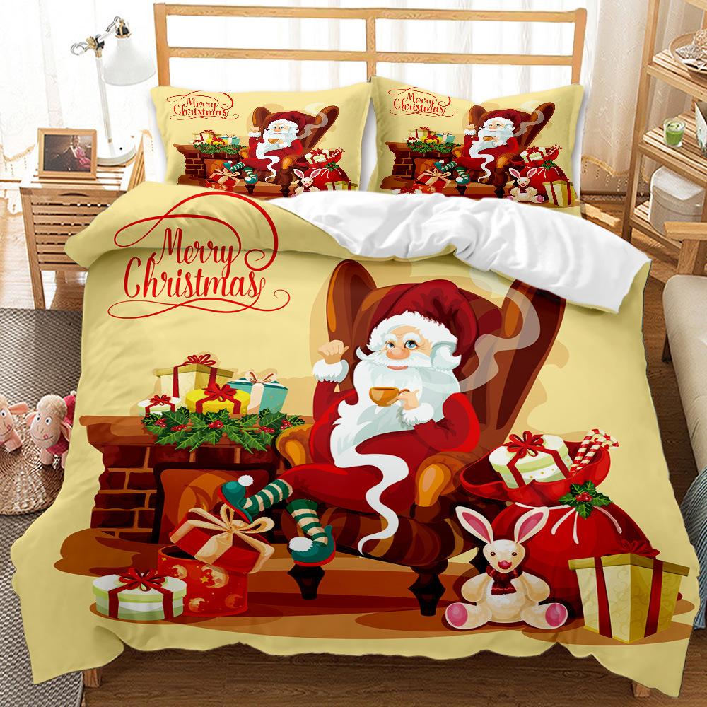 Red Christmas Bed Three-Piece Quilt Cover 3D Digital Printing Kit Bedding