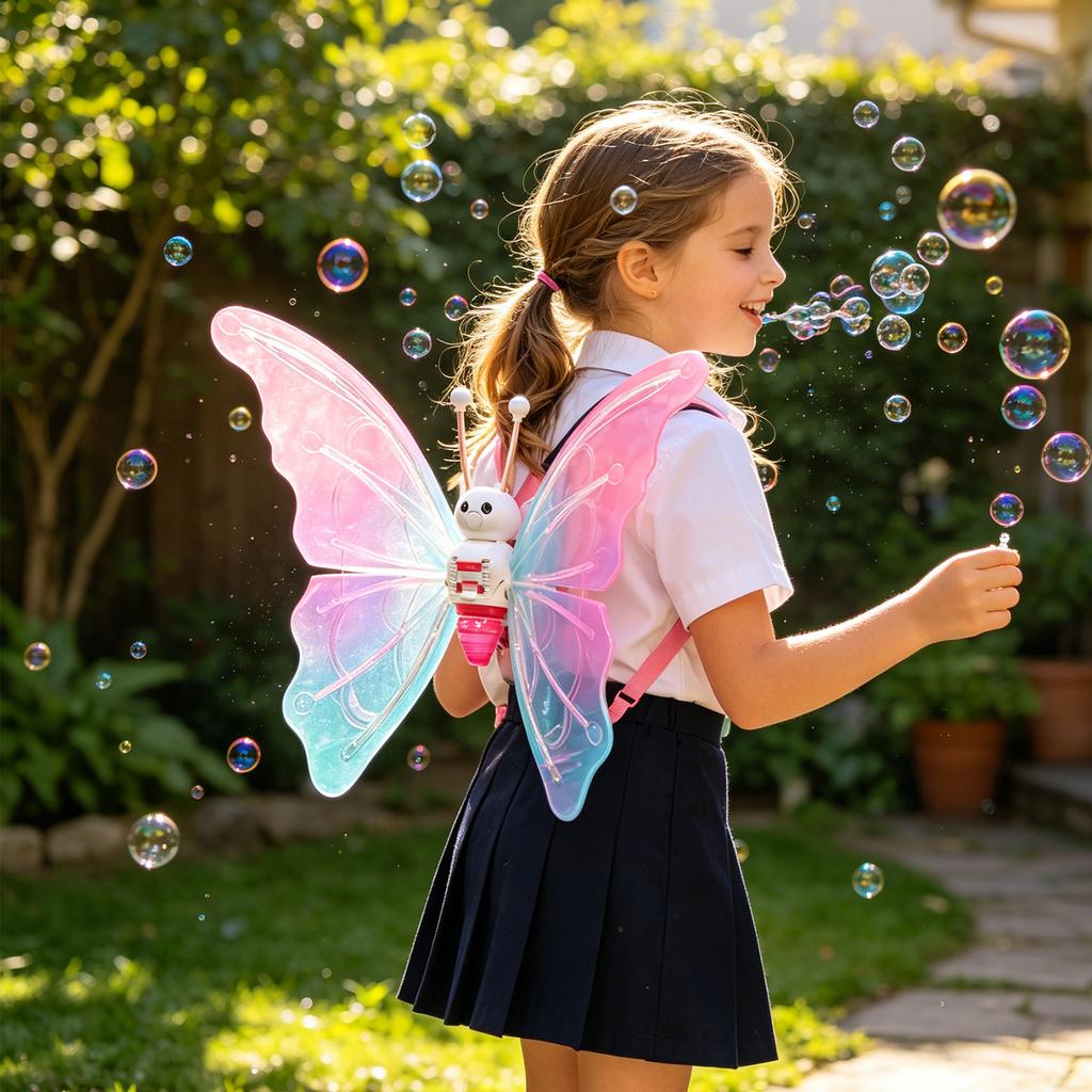 Electric Light Up Butterfly Bubble Toy Outdoor Wearable Wings with 40ml Bubble Solution for Children Play and Entertainment