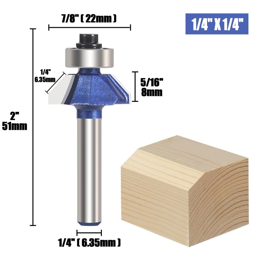 Vearter Trimmer Chamfer Solid Carbide Corner Router Bevel Milling Bevel Chamfering Cutting DIY Woodworking Router Bit for Electric Trimmers 4-Piece