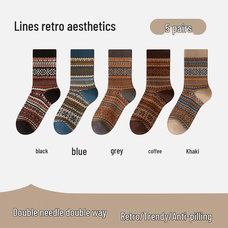 Herrensocken im Ethno-Stil, mittelhoch, doppelt gestrickt - Antibakteriell, Retro für Herbst/Winter
