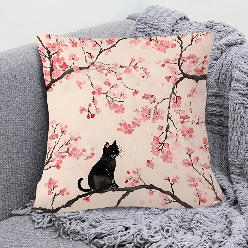 Japanese Cherry Blossom Black Cat Pillow Cover Watercolor Floral Print Oriental Sakura Cushion Case For Sofa Bed Couch Cute