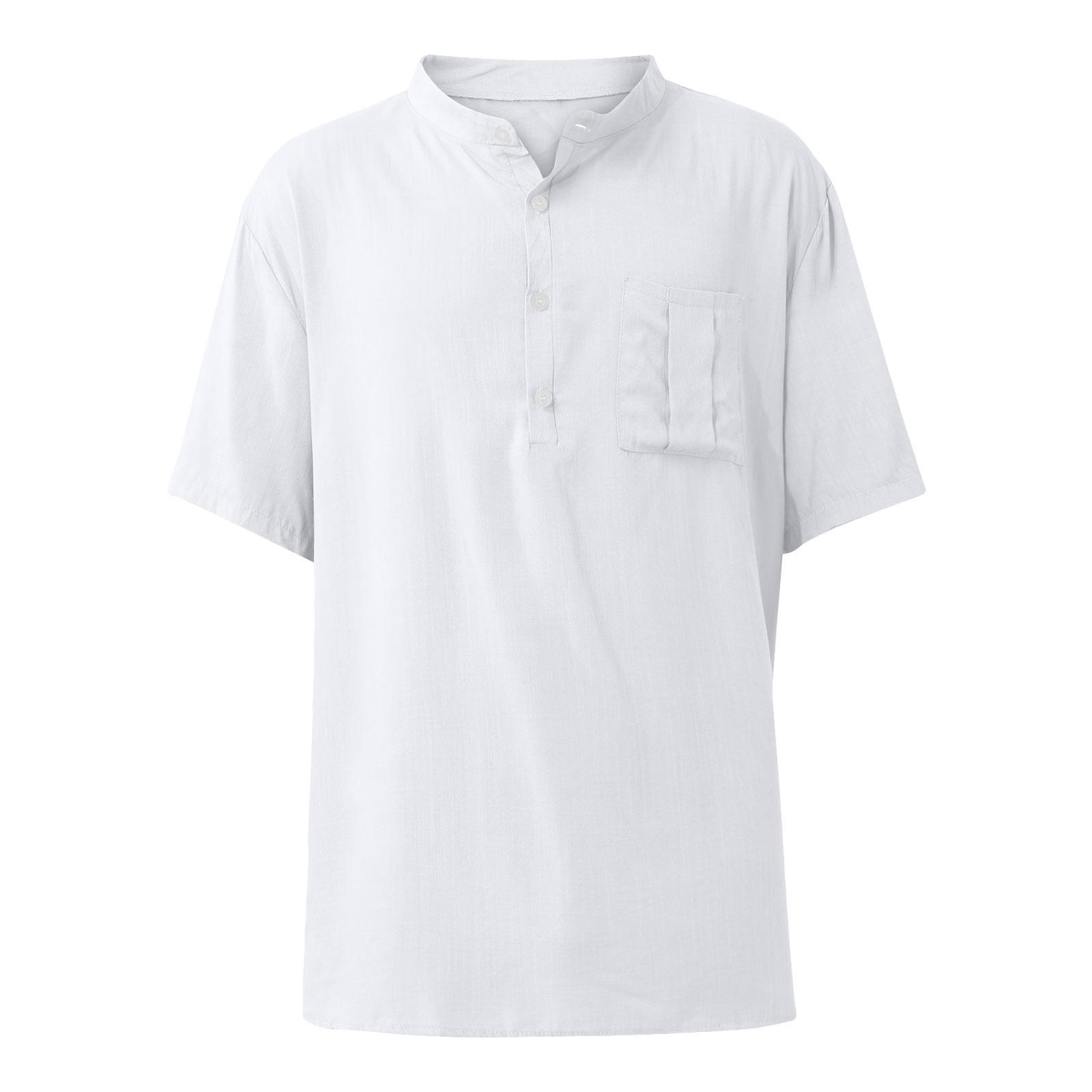 

Мужской летний модный повседневный мягкий и удобный однотонный хлопковый льняной топ с воротником-стойкой XL белый