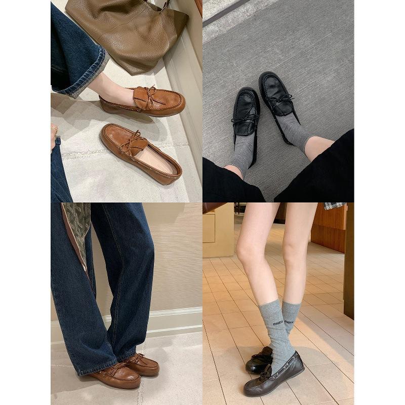 Sheepskin Version~ New Retro Bow Strap Flat Loafers Women's British Style One-pedal Versatile Small Leather Shoes