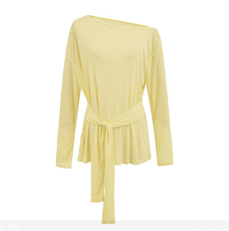 Summer new female American Spice Girl style solid color Tencel strap blouse loose slanted shoulder long sleeve thin sun protection T-shirt