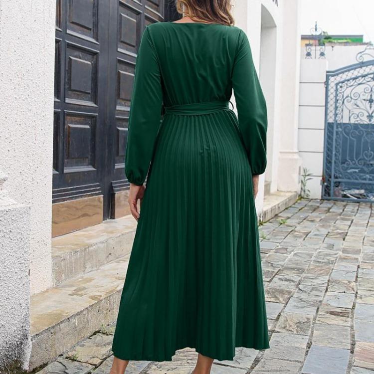 Women Long Sleeve Maxi Dress Autumn Winter V Neck Lace Up Solid Color Pleated Temperament Sizes S to XXXL