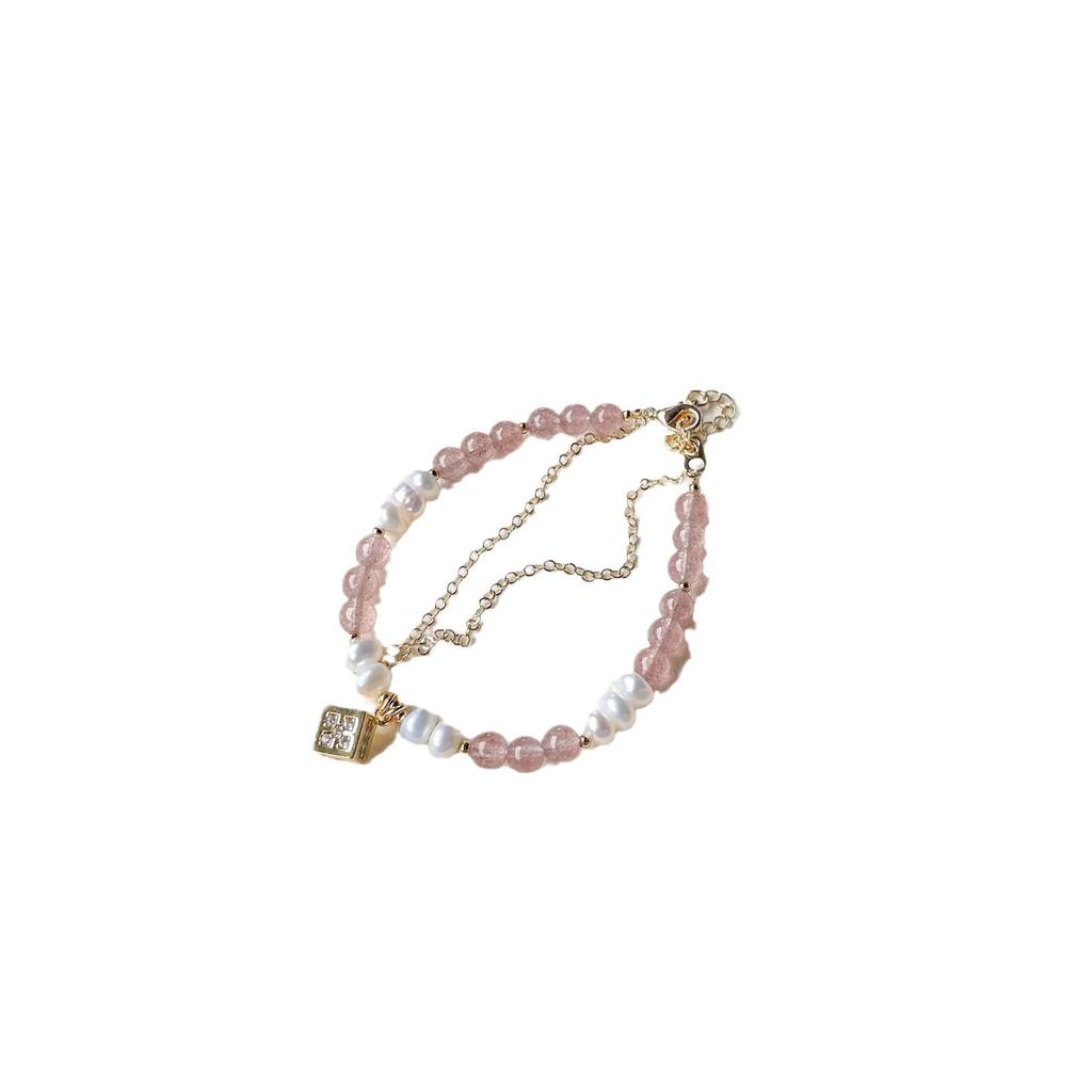 Natural Strawberry Quartz and Freshwater Pearl Beaded Bracelet for Women