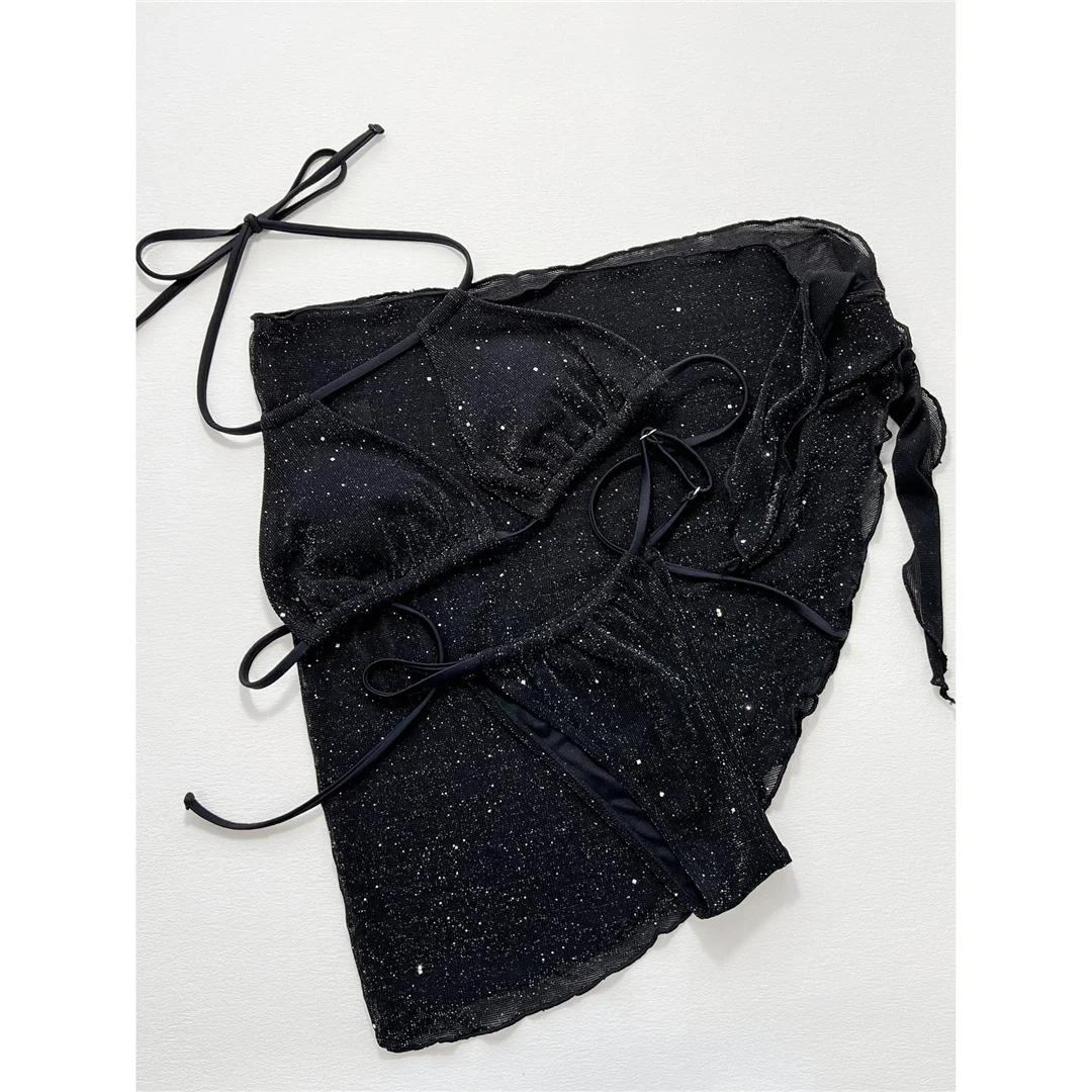 

Блестящий блестящий женский купальник-бикини с саронгом и бретелькой через шею, женский купальник, комплект бикини из трех частей, купальный костюм для купания L чёрный