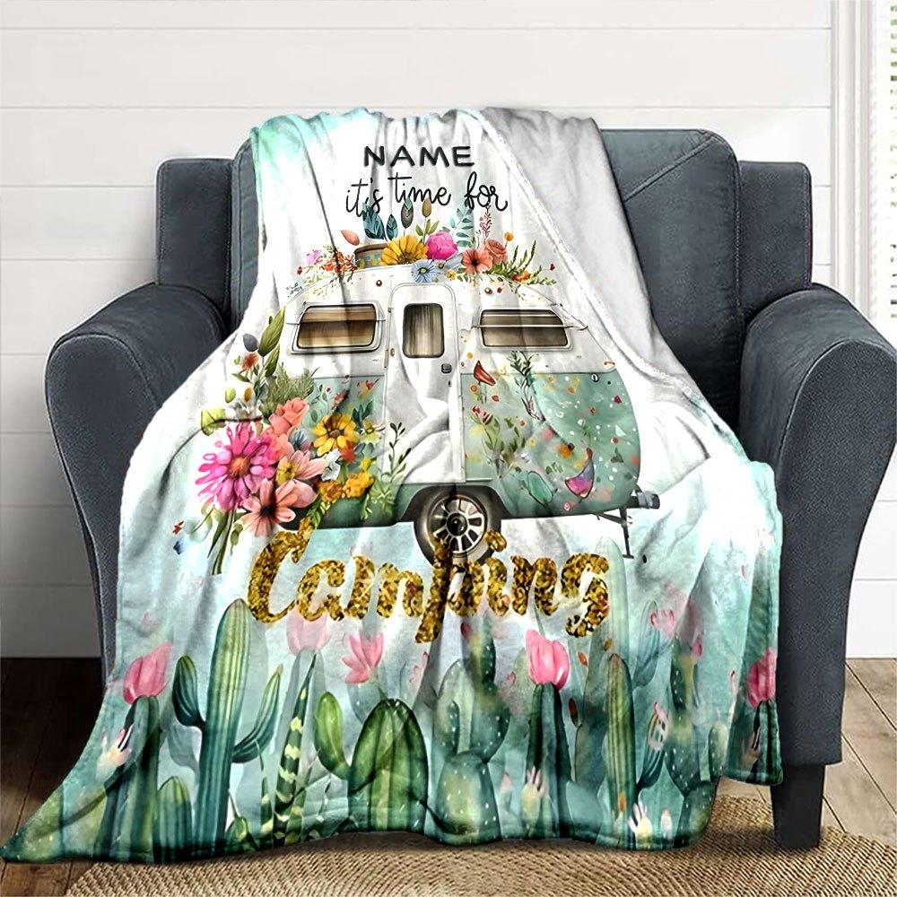 Floral Camper Camping Adventure Gift Personalized Blanket Customize Text Warmthful Decor Perfect For Sofa Couch Office Bed Picnics For All Occasions