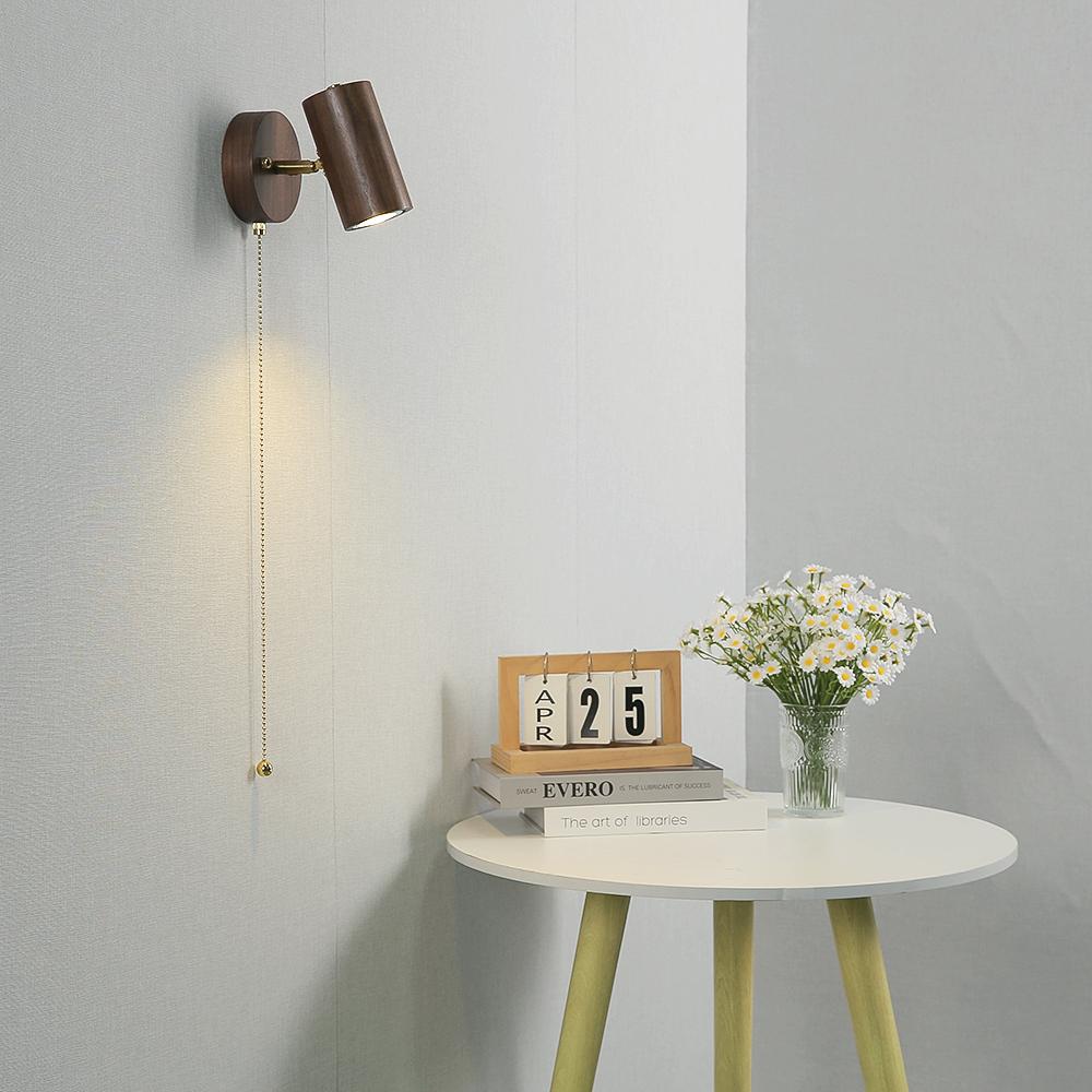 Walnut Wood Color wall light Retro Bedroom Bedside Wall Lamps Adjustable lamphead Pull Cord Switch Reading Wall Spotlight LED