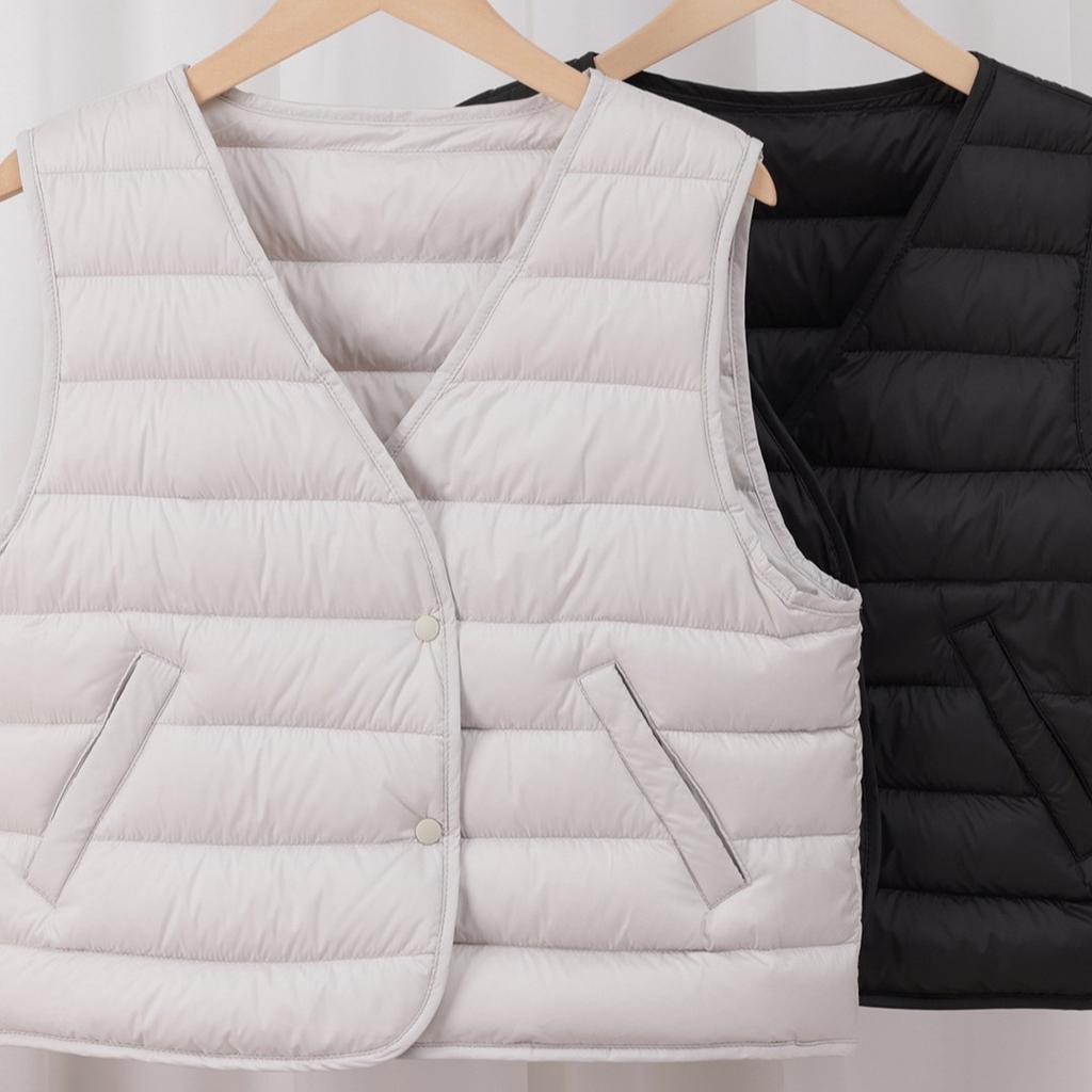 High-end Light Luxury Goose Down~ New Women's Bottom V-neck Down Vest, Light and Slim Women's Collarless Vest