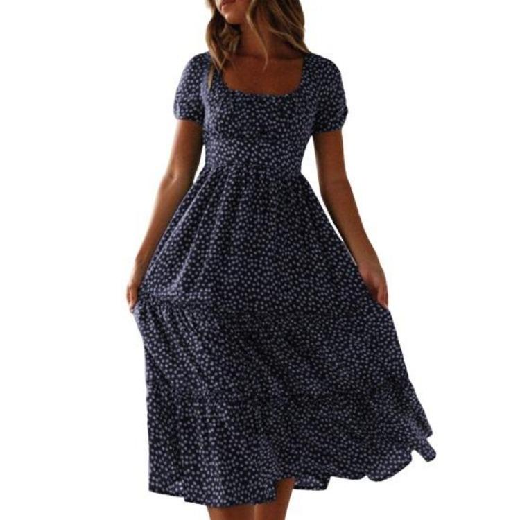 Women Flowy A-line Midi Dress Small Flower Print Patchwork Square Neck Short Bubble Sleeves Pleated Shirring Dating Vacation Dress