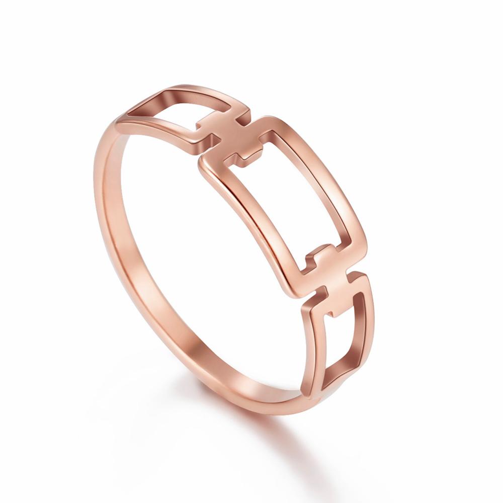 Simple Rectangle Chain Women's Ring Kpop Stainless Steel Rose Gold Finger Rings Jewelry Gift