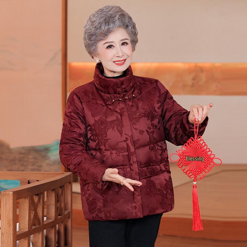 Elegant Winter White Duck Down Jacket for Middle-Aged & Elderly Women - Short, Chinese Style