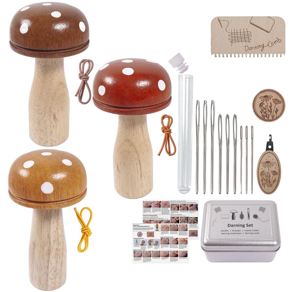 Patch Kit Wooden Mushroom Complete Craft Supplies Patch Loom Darning Tool Mending Kit For Knitting Embroidery Repair DIY