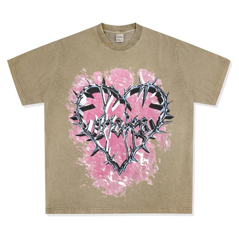 Washed Retro High Street Thorns Small Heavy Vintage Printed Short-Sleeved T-Shirt Retro Neckline Love Bottoming Shirt Cotton