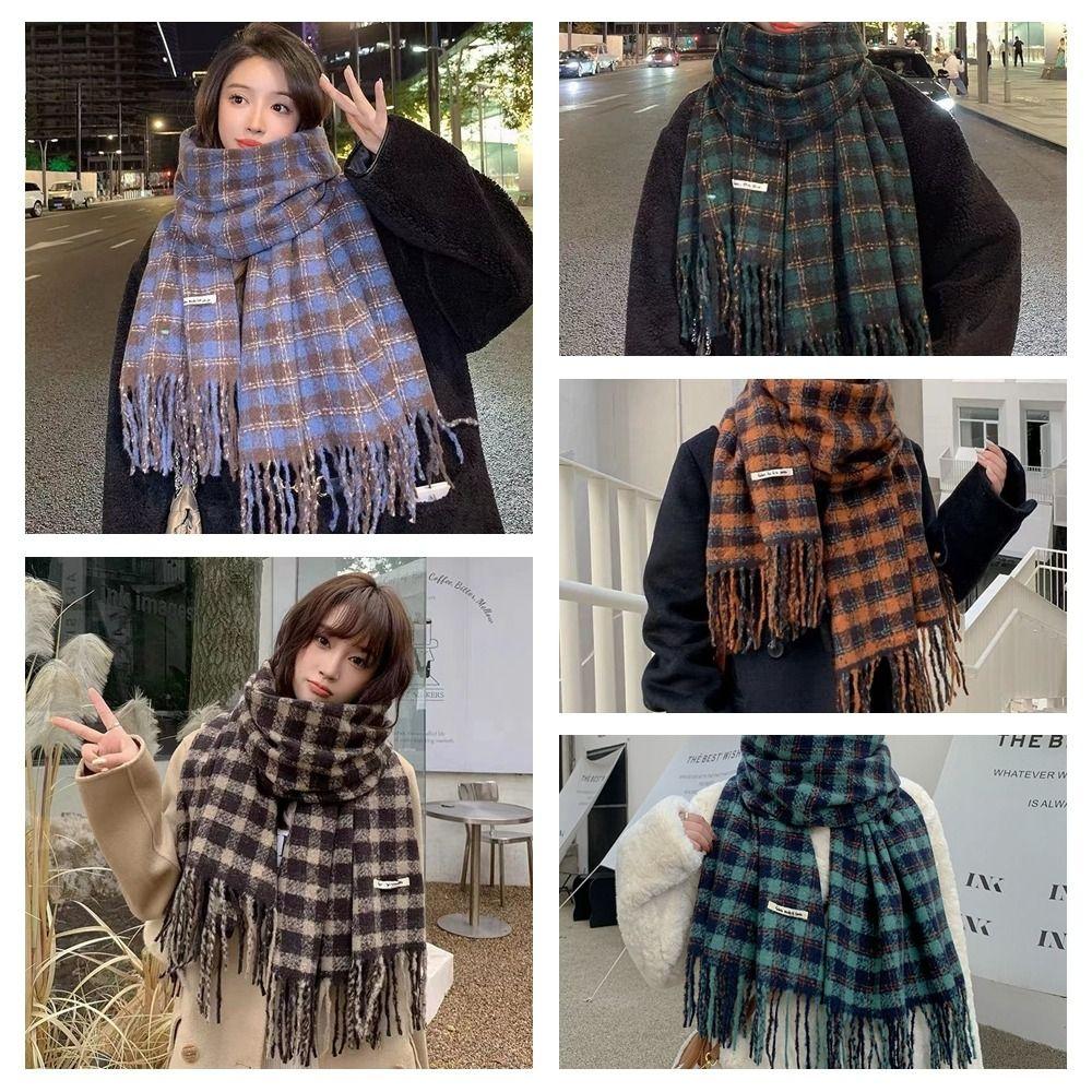 Tassel Winter Cashmere Scarves Plush Long Shawl Retro Plaid Wool Scarf  Autumn