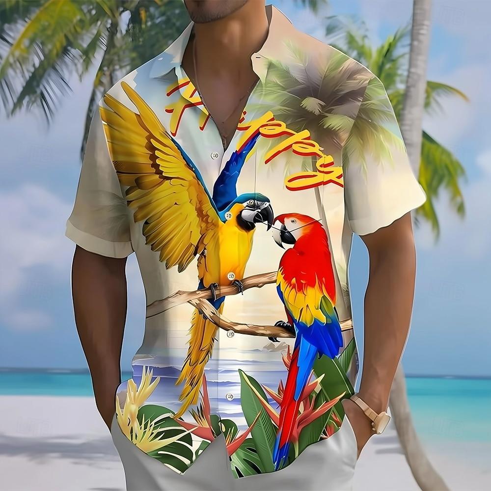 

Men s Parrot Tropical Plants Flowers Hawaiian Shirt, Short Sleeve Turndown Collar 3D Print Vacation Shirt 4XL