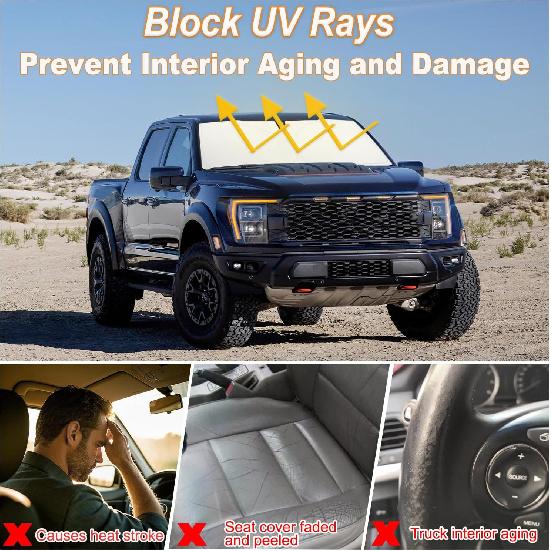 PIMCAR Windshield Sun Shade For Ford F150 -2025 | Premium 310T Reflective UV & Heat Protection |  Fit Foldable Sunshade With Storage Pouch, Dashboard