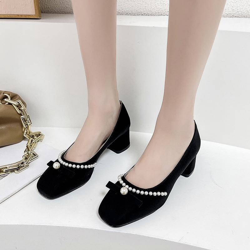 

Модная новая женская обувь с бантом, блочный каблук, японский стиль, лолита, квадратный носок, жемчуг, женская обувь, готические средние каблуки, массивная, повседневная 35 чёрный