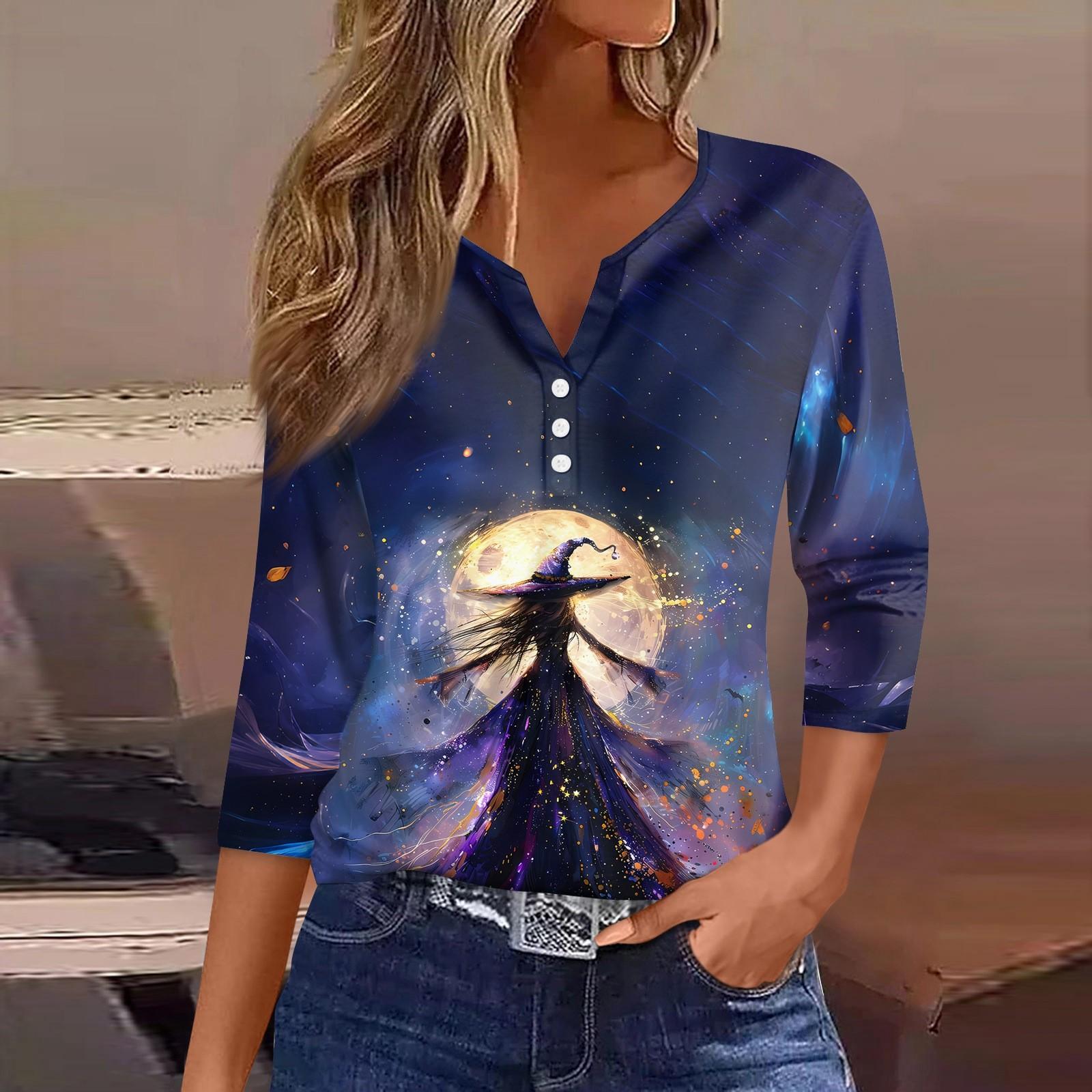 

Женская футболка с принтом на Хэллоуин, на пуговицах, рукав 3/4, повседневная мода на выходные, базовый топ с V-образным вырезом XXL