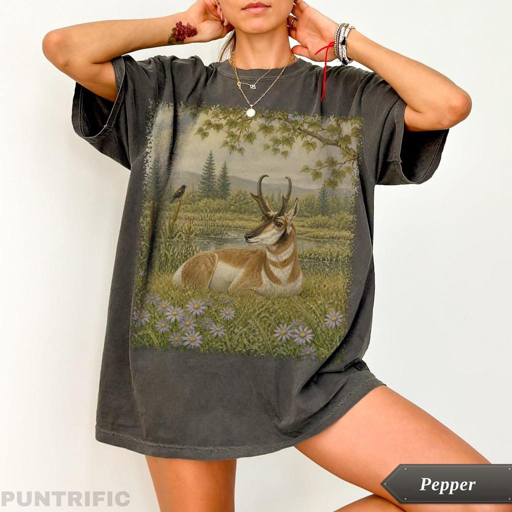 Vintage Pronghorn Graphic Tee, Retro Antelope Shirt, Wildlife Nature T-Shirt, Rustic Cabincore Tee, Outdoorsy Hiker Shirt, Nature Lover Gift