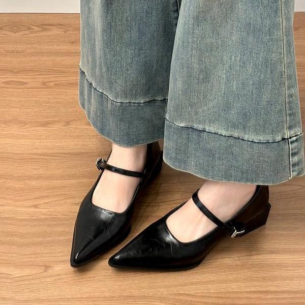 Sheepskin Version~ French Mary Jane Shoes Women's Pointed Head Shallow Mouth Retro Single Shoes Spring Temperament Commuting Thick Heels High Heels