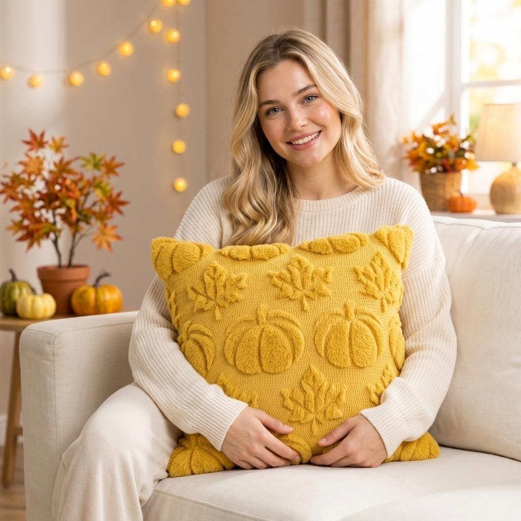 Pumpkin Maple Leaf Plush Cover 45*45cm, Without Insert, for Halloween Fall Party Sofa Cushion Decoration