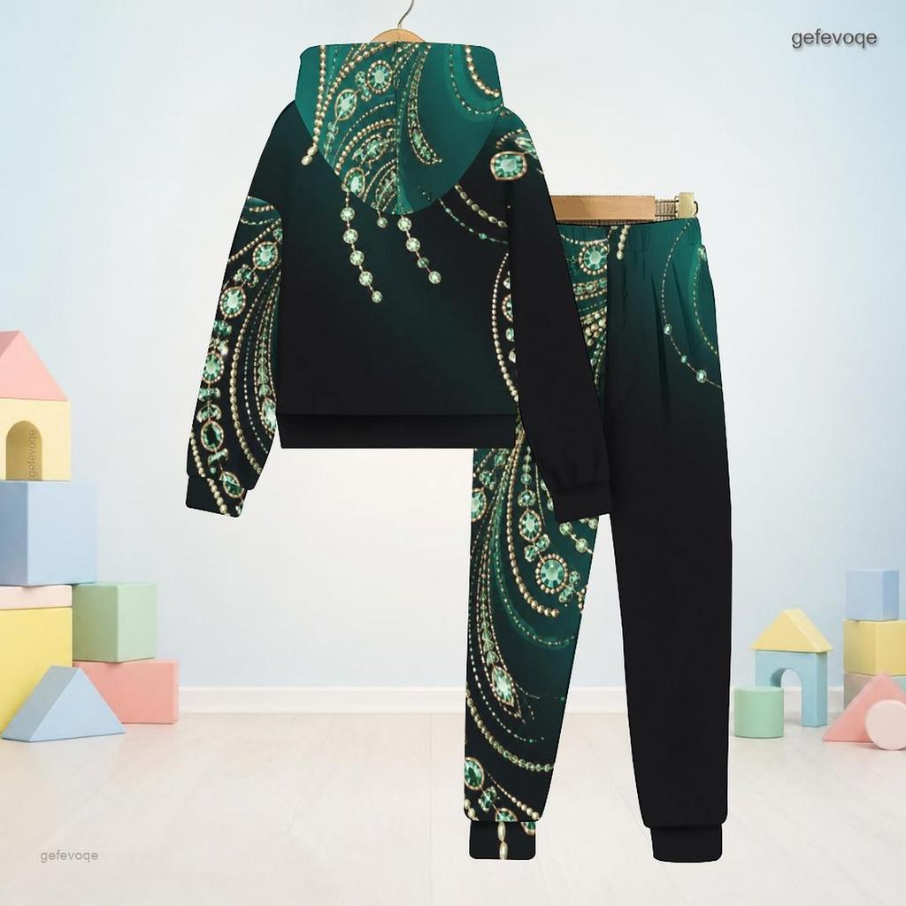 Kids Boys Girls Hooded Long Sleeve Printed Two Piece Set Black Gold Sweatshirt Cuffed Pants