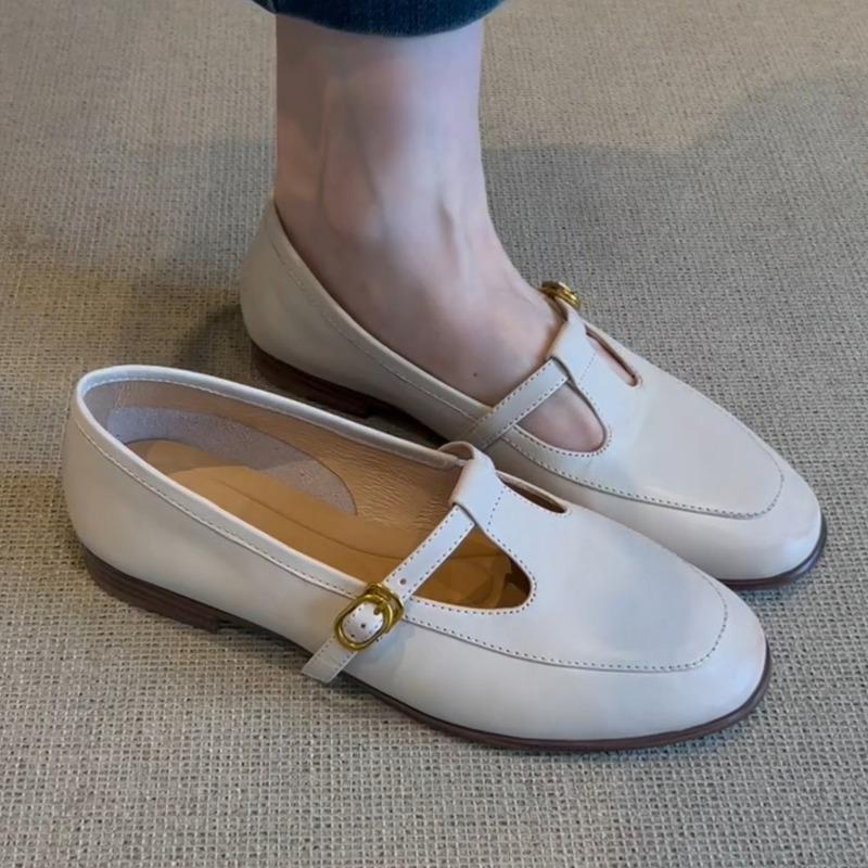 

Sheepskin version versatile white women s Mary Jane shoes flat-bottomed one-pedal leather one-word buckle single shoes 35