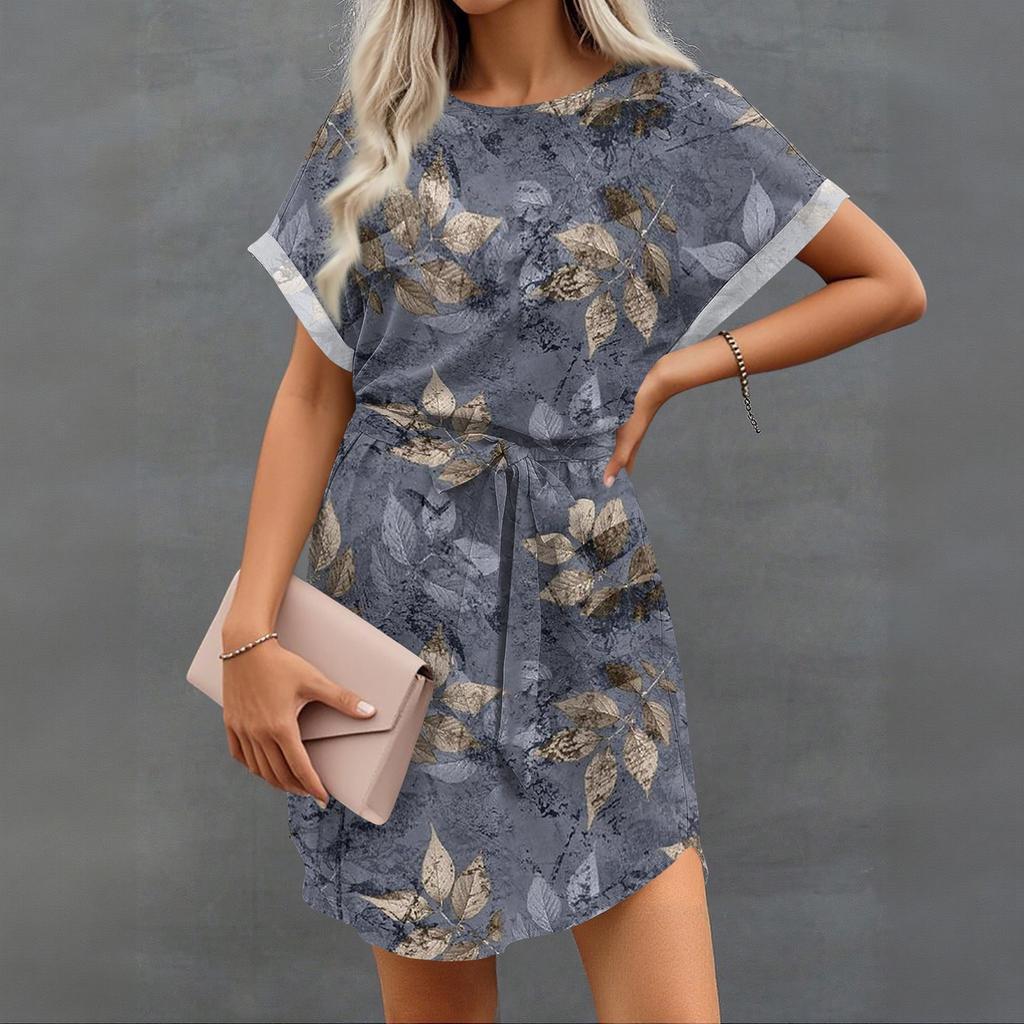 Womens Summer Short Dresses O Neck Casual Batwing-Short Sleeve Belted Dress For Women