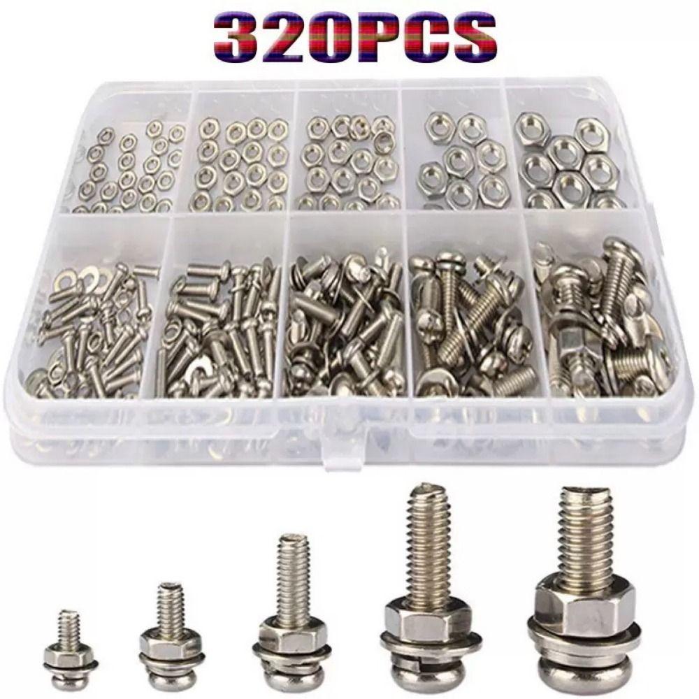 320pcs/box Stainless Steel Metic Nut and Bolt Assortment Bolt Nut Washer Set  Home Improvement