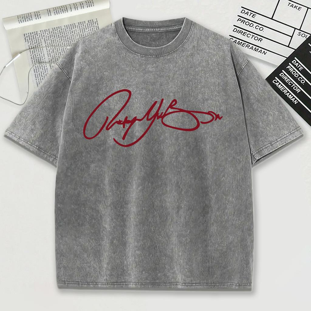 Röda Konstbokstäver Tryckta Tvättade Herr T-shirts Sport Casual T-shirt Sommar Sport Trendiga Kläder Bomull Oversize Unisex Topp