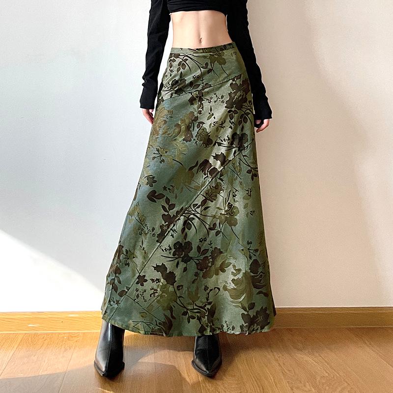 Mori Style Retro Print High Waist Pleated A-line Skirt for Women