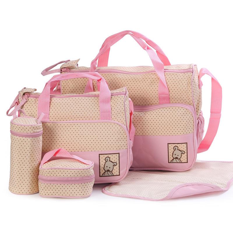 Fashionable Polka Dot 5-Piece Mommy Bag Set - Versatile, Large Capacity Shoulder Bag for Mother and Baby