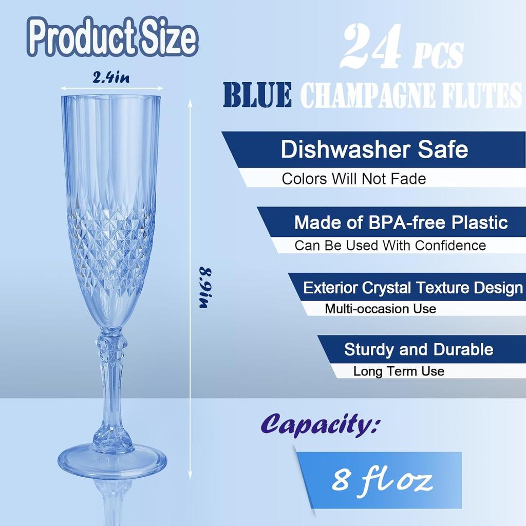 24 Pcs Blue Plastic Champagne Flutes for Weddings, Parties & Everyday Use