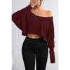 Women's Off Shoulder Long Sleeve Solid Color Loose Fit Casual Cropped Top T-Shirt