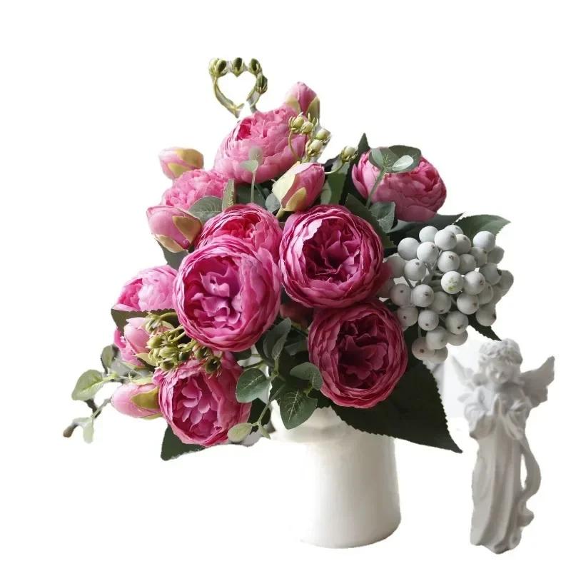 30cm Rose Pink Silk Peony Artificial Flowers Bouquet 5 Big Head and 4 Bud Cheap Fake Flowers for Home Wedding Decoration Indoor