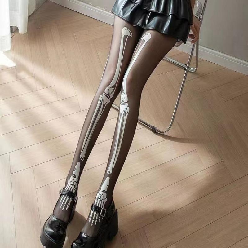 Fashion Tights Sexy Skeleton Legging Nightclub Bar Stockings Halloween Skull Bones Black Pantyhose for Women Young Girls