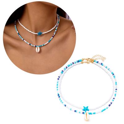 Pack Of 2 Bohemian Style Double Layer Starfish Shell Beaded Pendant Necklace For Women And Young Fashion Enthusiasts