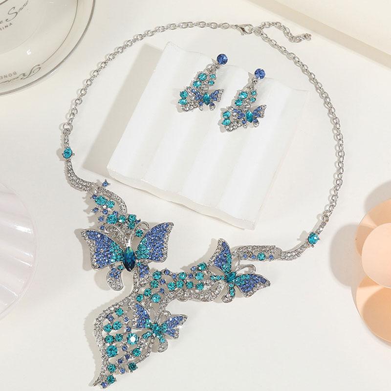KMVEXO Vintage Colorful Crystal Butterfly Necklace Earrings Set For Women Rhinestone Necklace Weddings Banquet Party Jewelry Set