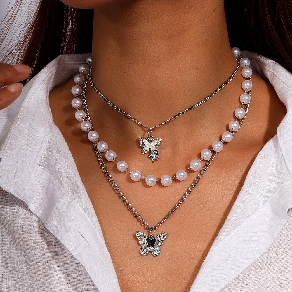 Elegant Multilayer Pearls Beaded Choker Necklace for Women Butterfly Pendant Necklace Girls Party Jewelry Gifts