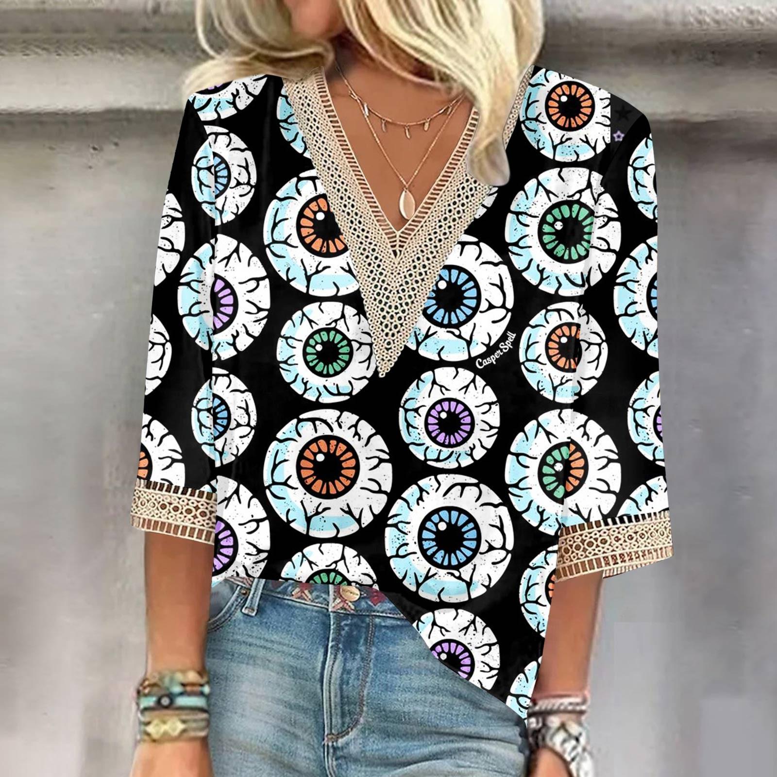 

Women s Lace Trims 3/4 Sleeve V Neck Halloween Print Tops Casual Loose T-shirt M белый