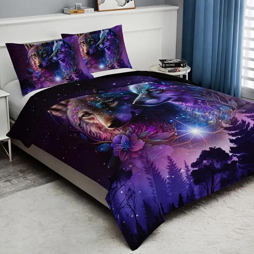 3-teiliges Bettwäsche-Set mit Sternenhimmel-Wald-Wolf-Druck - Weicher und atmungsaktiver Daunenbettbezug, geeignet für Schlafzimmer, Zimmer