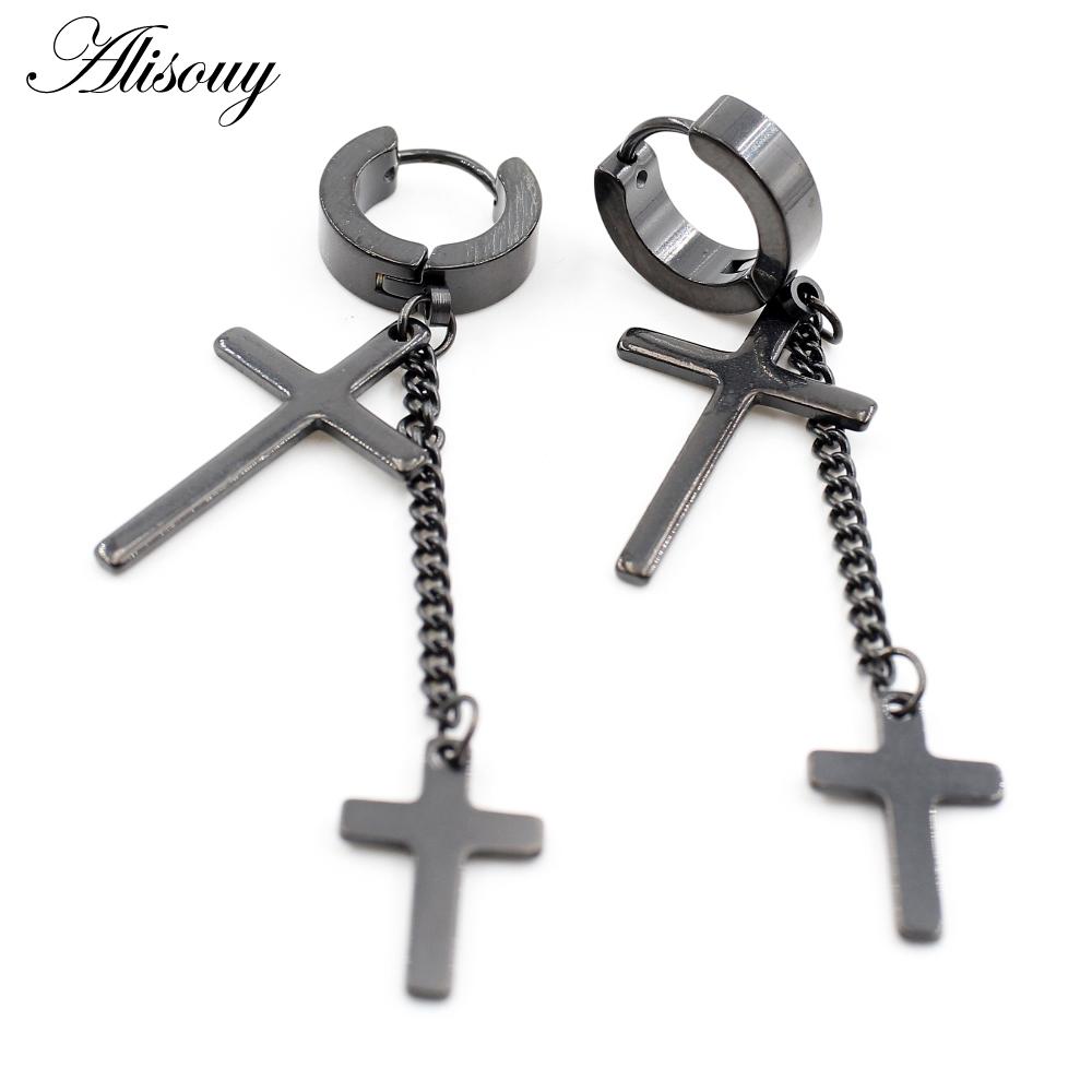 Alisouy 2PCS Stainless Steel Star Cross Snake Spike Skull Sword Blade Chain Feather Spider Dangle Women Men Huggie Hoop Earrings