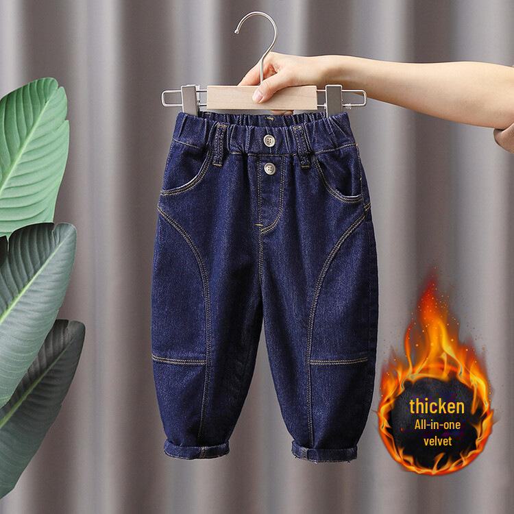 

Джинсы-шаровары для мальчиков с флисовой подкладкой - темно-синие зимние брюки цвета моркови 120cm