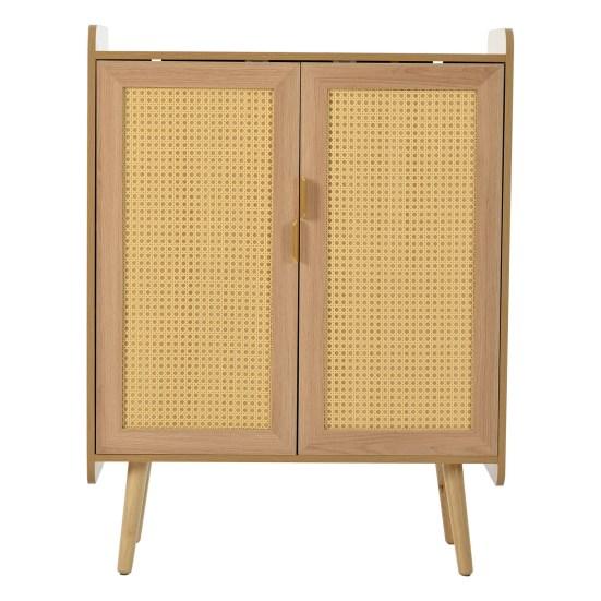 Shoe Cabinet with 2 Doors, Adjustable Shelves And Braided Rattan Design, Shoe Cabinet with Metal Handles and Solid Wood Feet