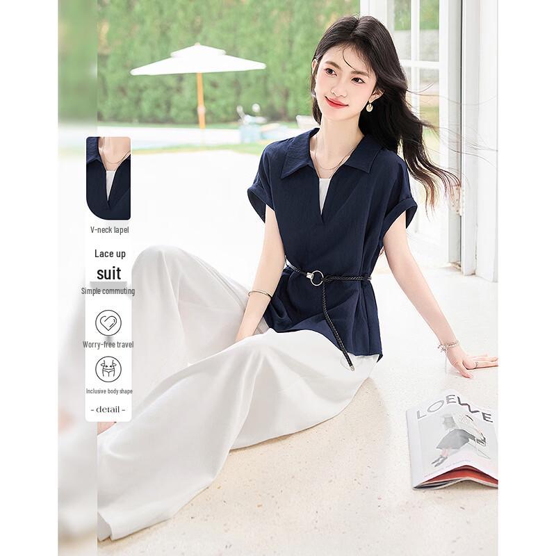 Women s Summer Lapel Belted Two-Piece Set S
